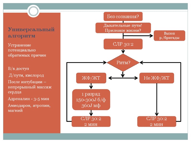 Универсальный алгоритм Устранение потенциально обратимых причин  В/в доступ  Д/пути, кислород После интубации